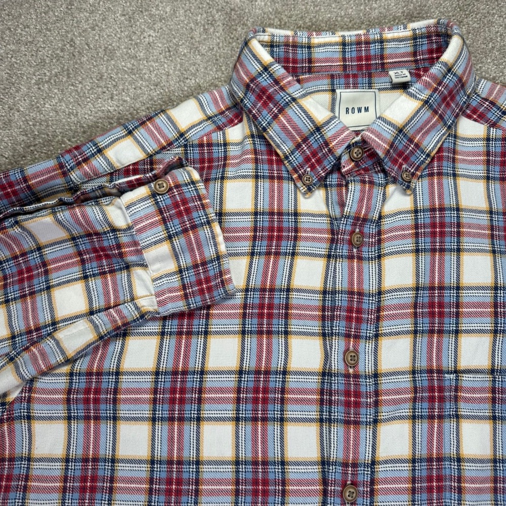 ROWM Mens XLT Long Sleeve Flannel Shirt Plaid Button Up White Red Blue‎